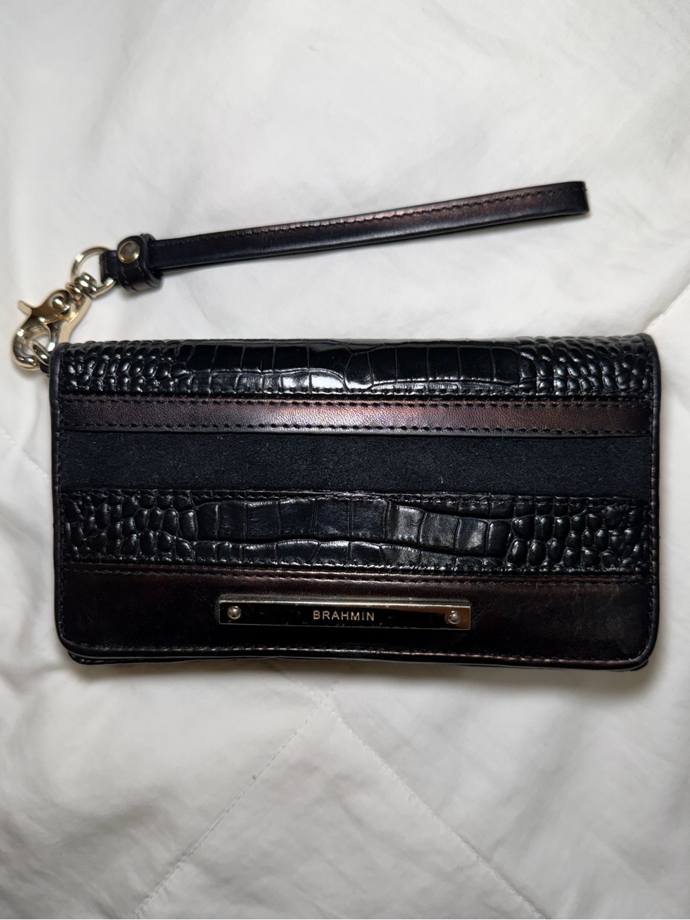 Brahmin Black Croc-Embossed Leather Wristlet Wallet with Strap